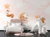 Playful cartoon squirrel design wallpaper with trees and woodland theme